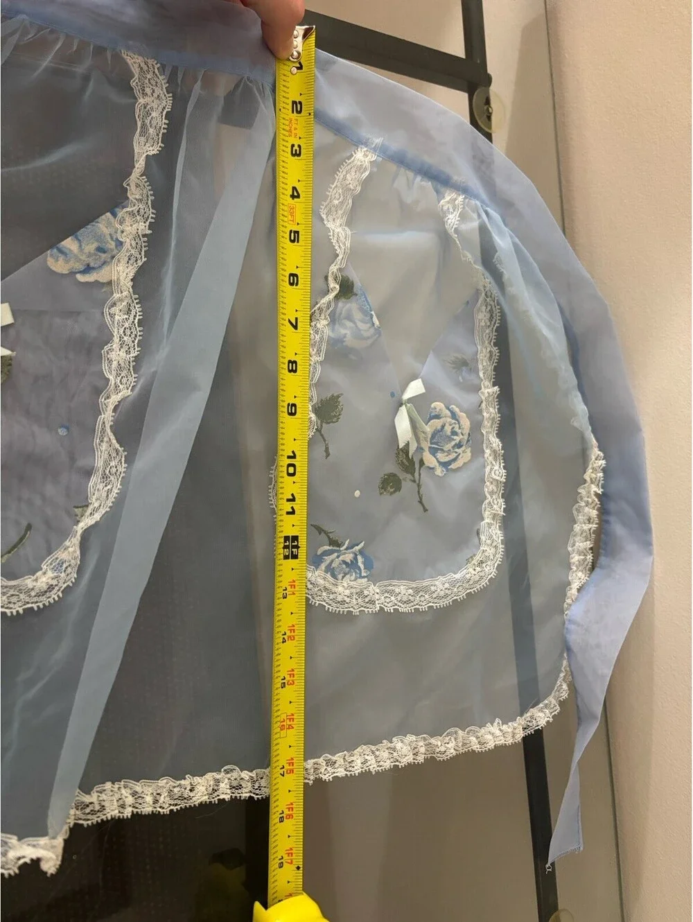 VTG 50s Hostess Half Apron Blue Organza White Trim Blue Roses Applications